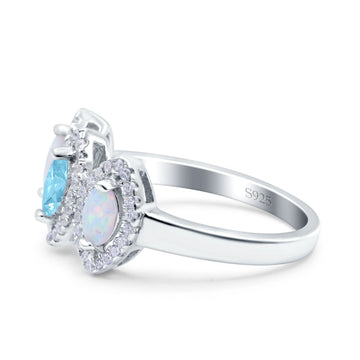 Halo Marquise Three Stone Wedding Bridal Ring Simulated Aquamarine CZ 925 Sterling Silver